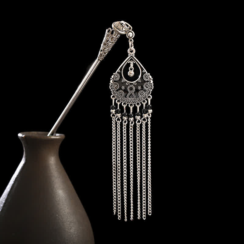 Water Drop-Black teardrop filigree with black beads and chain tassels