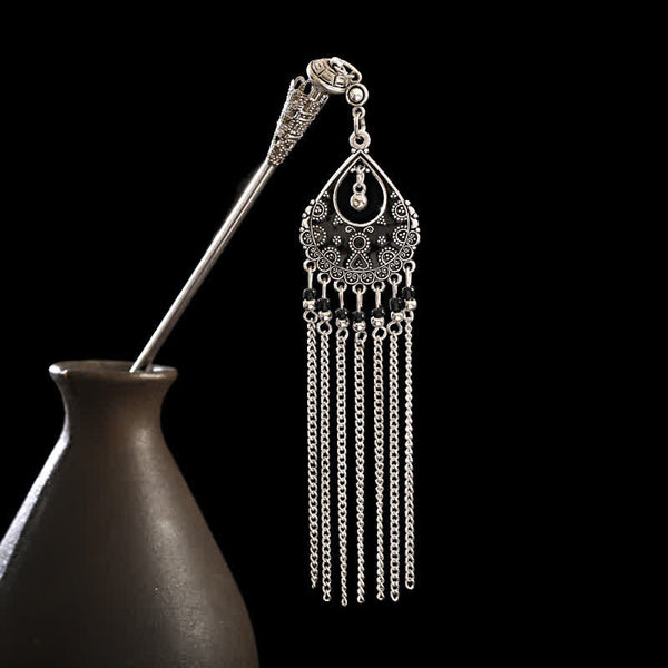 Water Drop-Black teardrop filigree with black beads and chain tassels