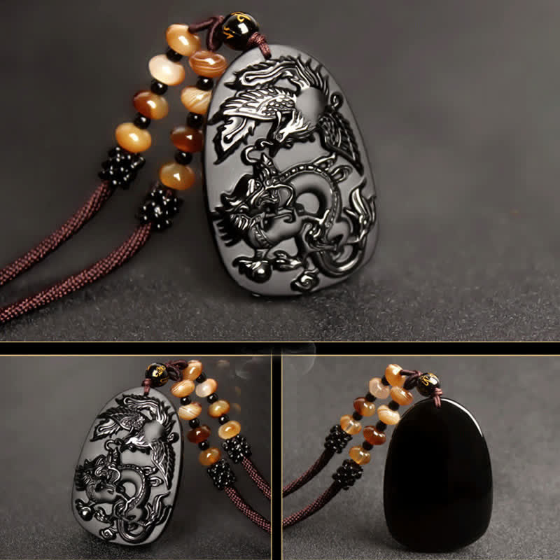 Black Obsidian Tiger Eye Dragon Phoenix Necklace – triptych view of carved obsidian pendant with polished back, detailed
