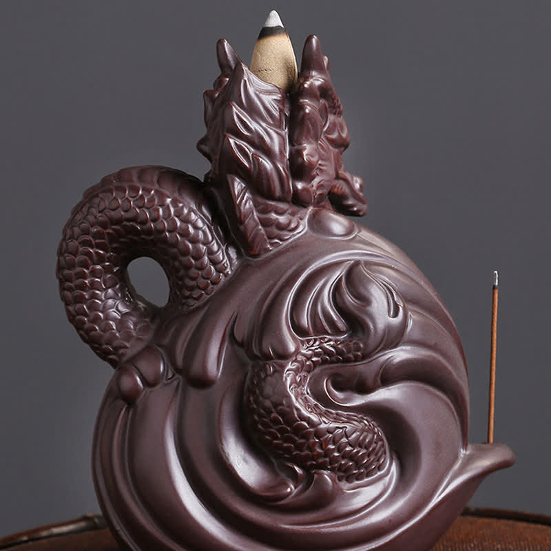 Dragon Pattern Ceramic Incense Burner – white background with smoke waterfall and lotus base, Relaxation