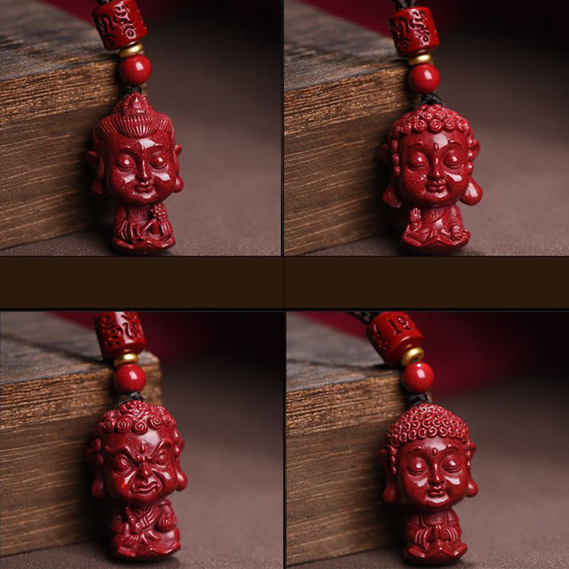 Chinese Zodiac Cinnabar Pendant – Four zodiac variants with different expressions on dark wood, Buddha collection