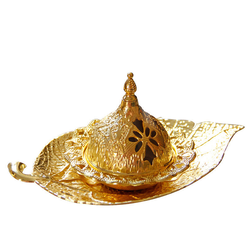 Tibetan Gold Leaf Coaster Incense Burner – Gold dome and leaf tray on white studio background, brass incense burner