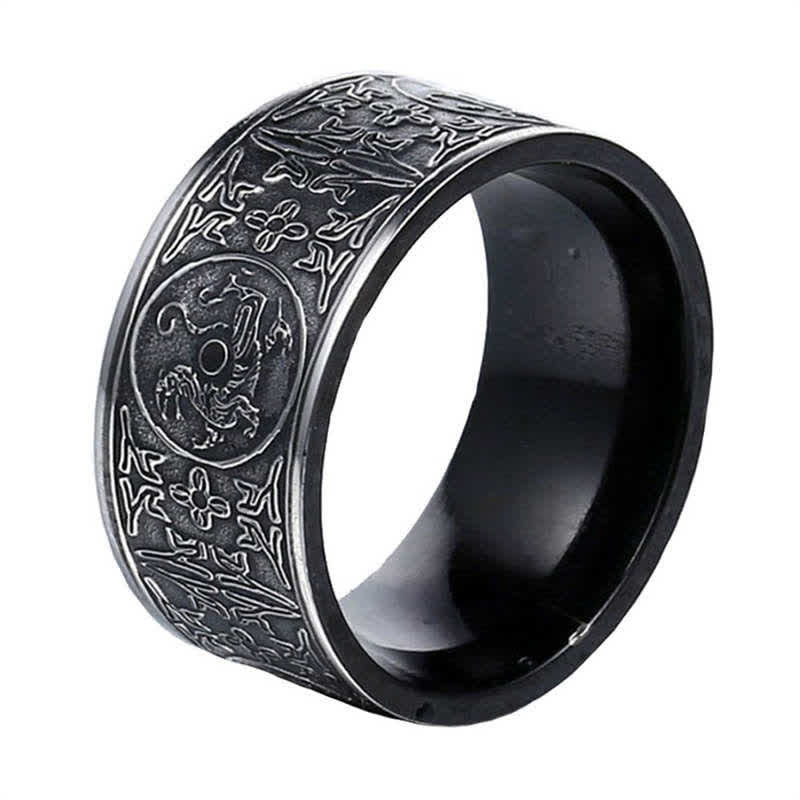 Four Guardian Beasts Ring – black band with silver dragon medallion, Protection