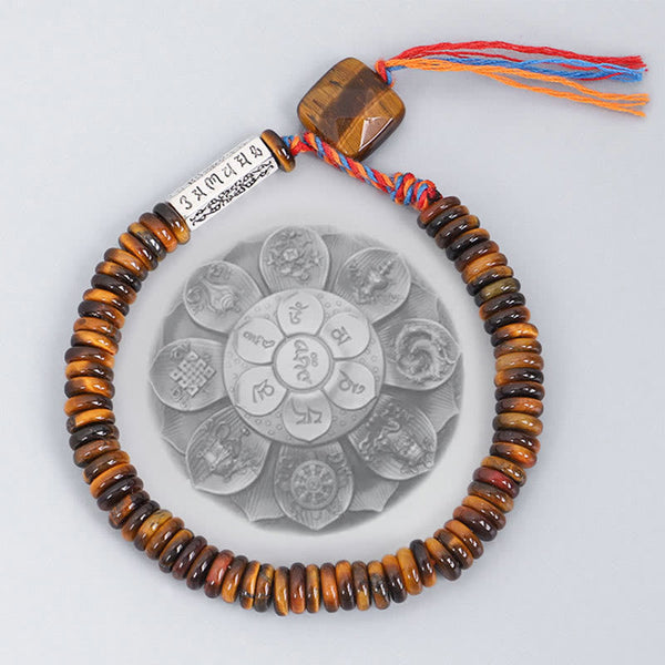 Tiger Eye Om Mani Padme Hum Bracelet - circular layout on mandala stone, guru bead detail