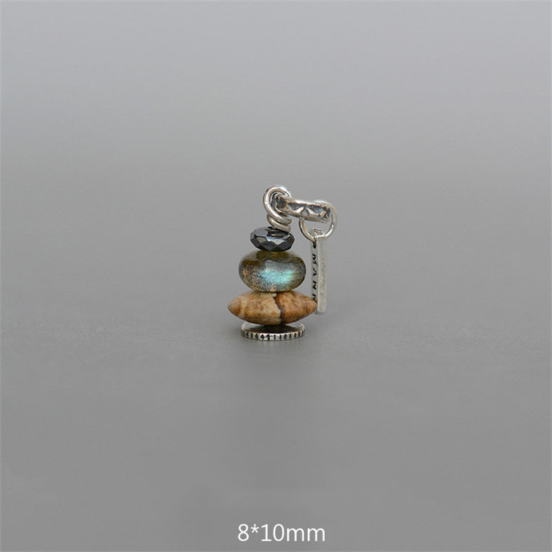Zen Cairn Crystal Pendant – single stacked labradorite crystal pendant with wood stone beads, 8x10mm charm