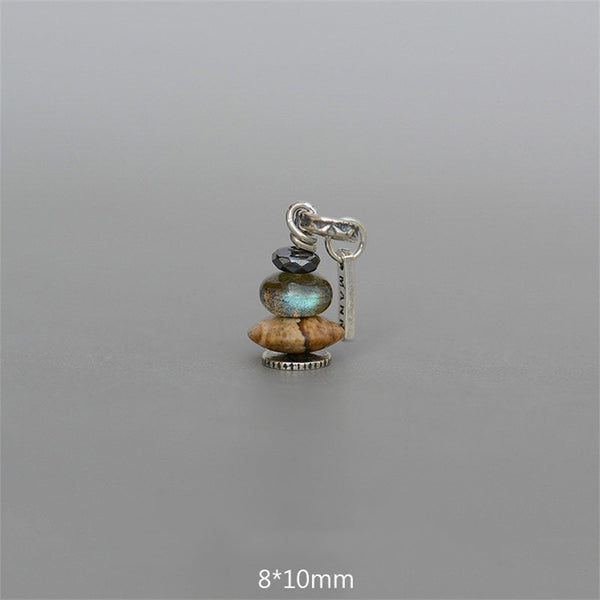 Zen Cairn Crystal Pendant – single stacked labradorite crystal pendant with wood stone beads, 8x10mm charm