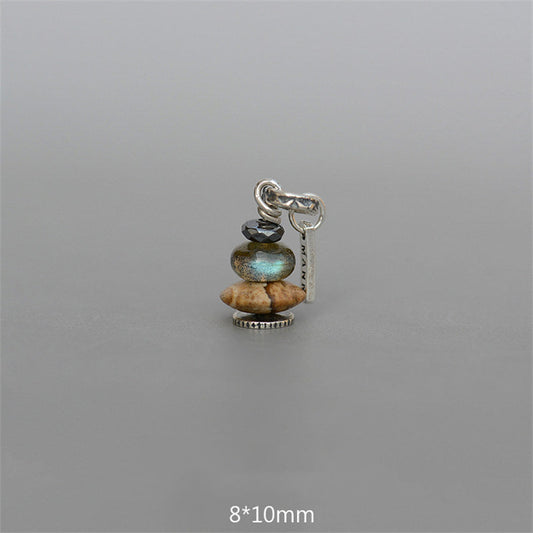 Zen Cairn Crystal Pendant – single stacked labradorite crystal pendant with wood stone beads, 8x10mm charm