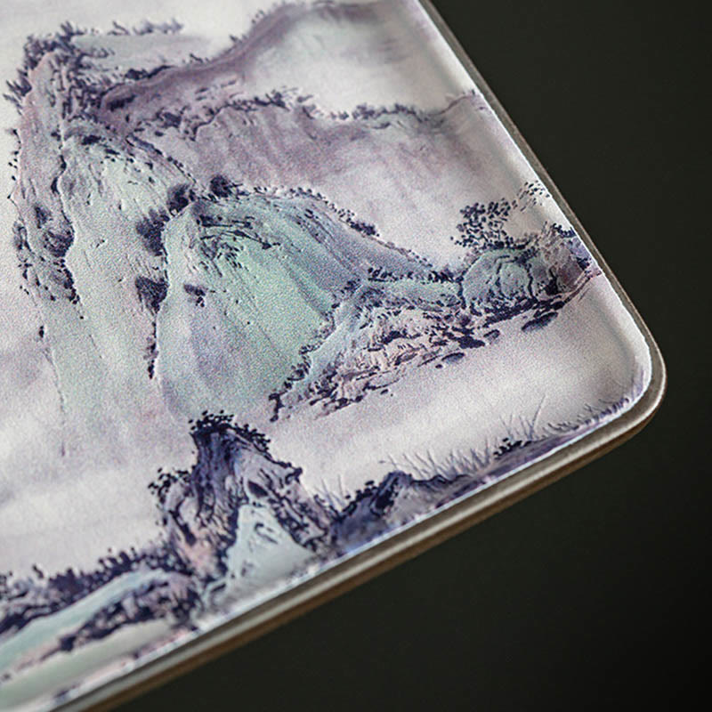 Mountain Lake Ceramic Plate – Purple and teal ink-wash mountain painting on rectangular incense tray