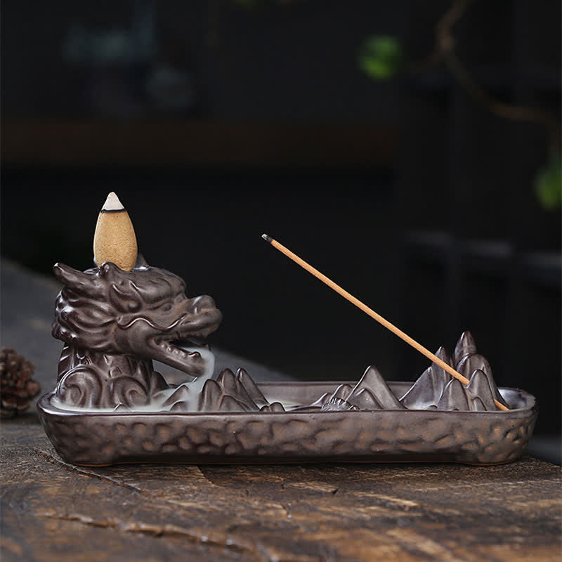 Dragon Incense Burner - backflow smoke pooling in basin with pine cone, feng shui