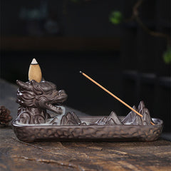 Dragon Incense Burner - backflow smoke pooling in basin with pine cone, feng shui