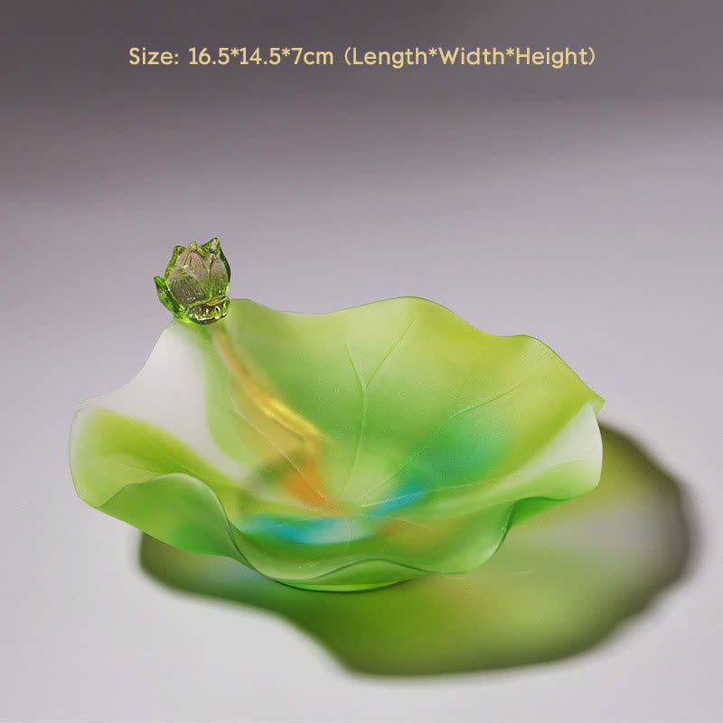 Feng Shui Lotus Liuli Crystal – frosted green lotus leaf dish with bud accent, serene