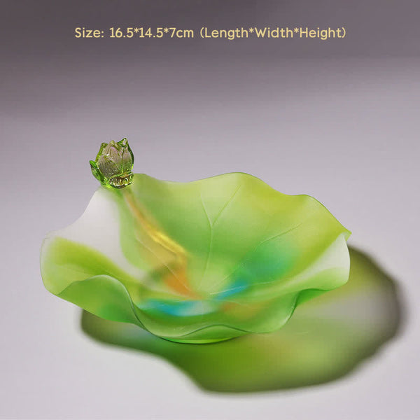 Feng Shui Lotus Liuli Crystal – frosted green lotus leaf dish with bud accent, serene