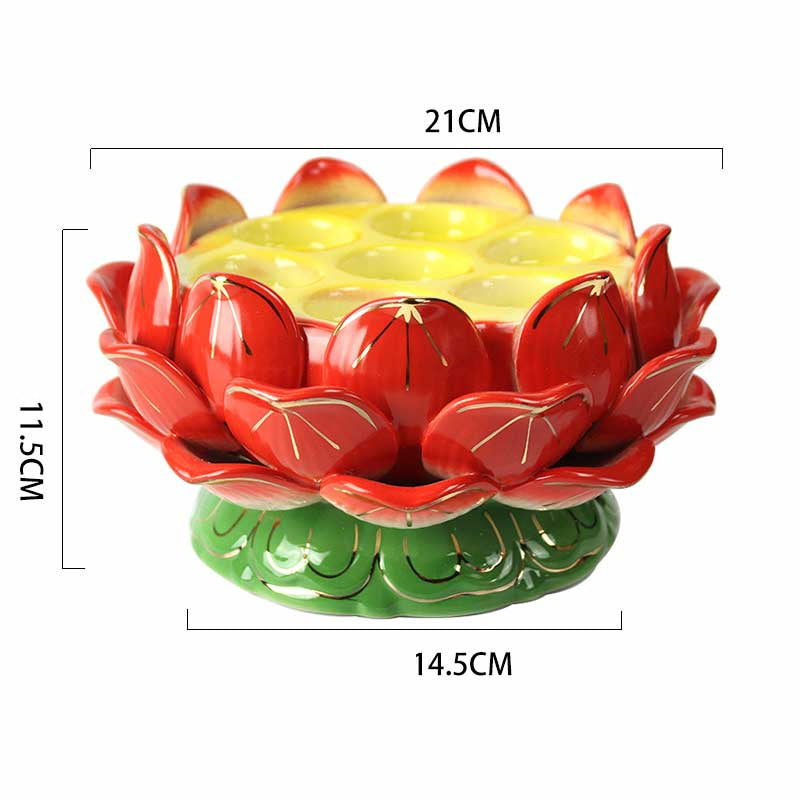 Lotus Candle Holder – Red lotus with gold accents and green pedestal, 21cm Buddhist set