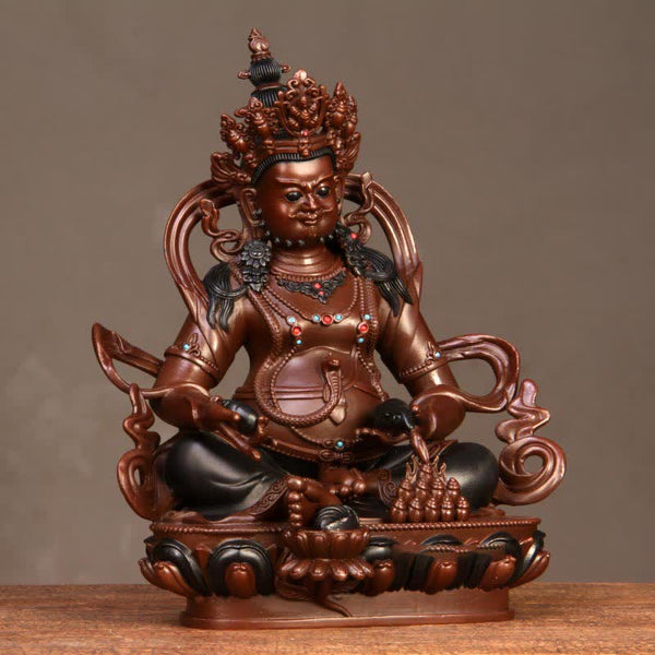 Yellow Jambhala Bodhisattva Copper Statue Home Office Decor – crown jewel ornaments close-up, Tibetan casting