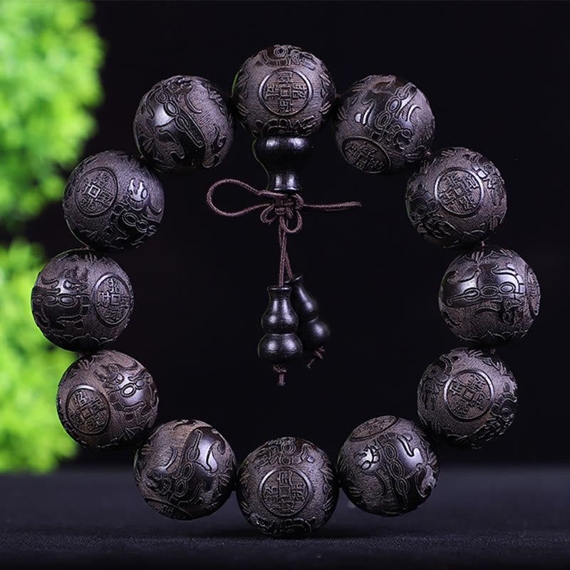Chinese Zodiac Rosewood Ebony PiXiu Set – black ebony copper coin carved bracelet, dark wood beads, protection wealth charm