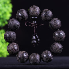 Chinese Zodiac Rosewood Ebony PiXiu Set – black ebony copper coin carved bracelet, dark wood beads, protection wealth charm
