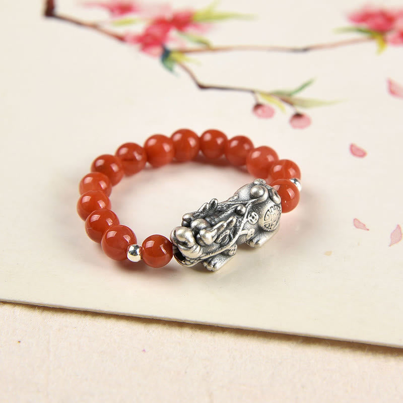 Silver Red Agate PiXiu Ring – Warm red agate beads with silver PiXiu on cherry blossom paper
