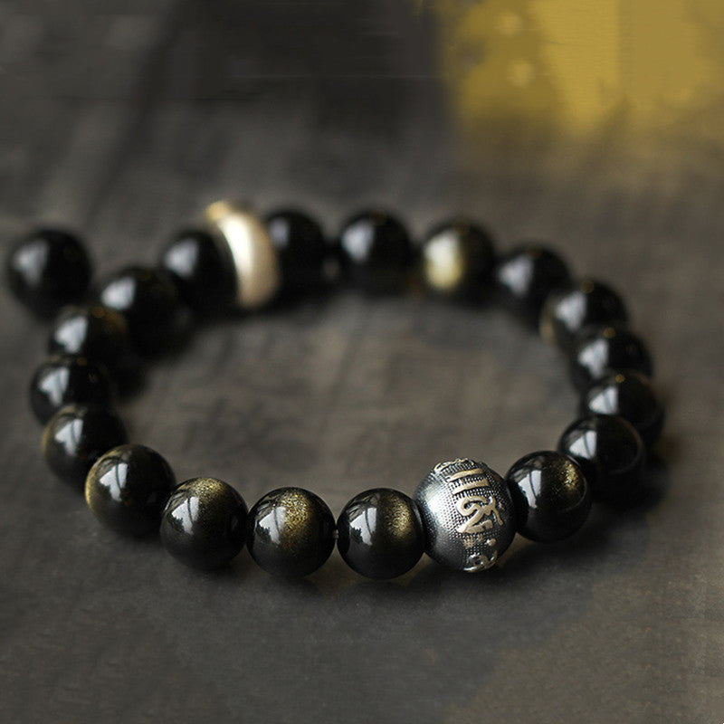 Zodiac Natal Buddha Obsidian Silver Bracelet - Silver engraved mantra bead with obsidian chatoyancy detail