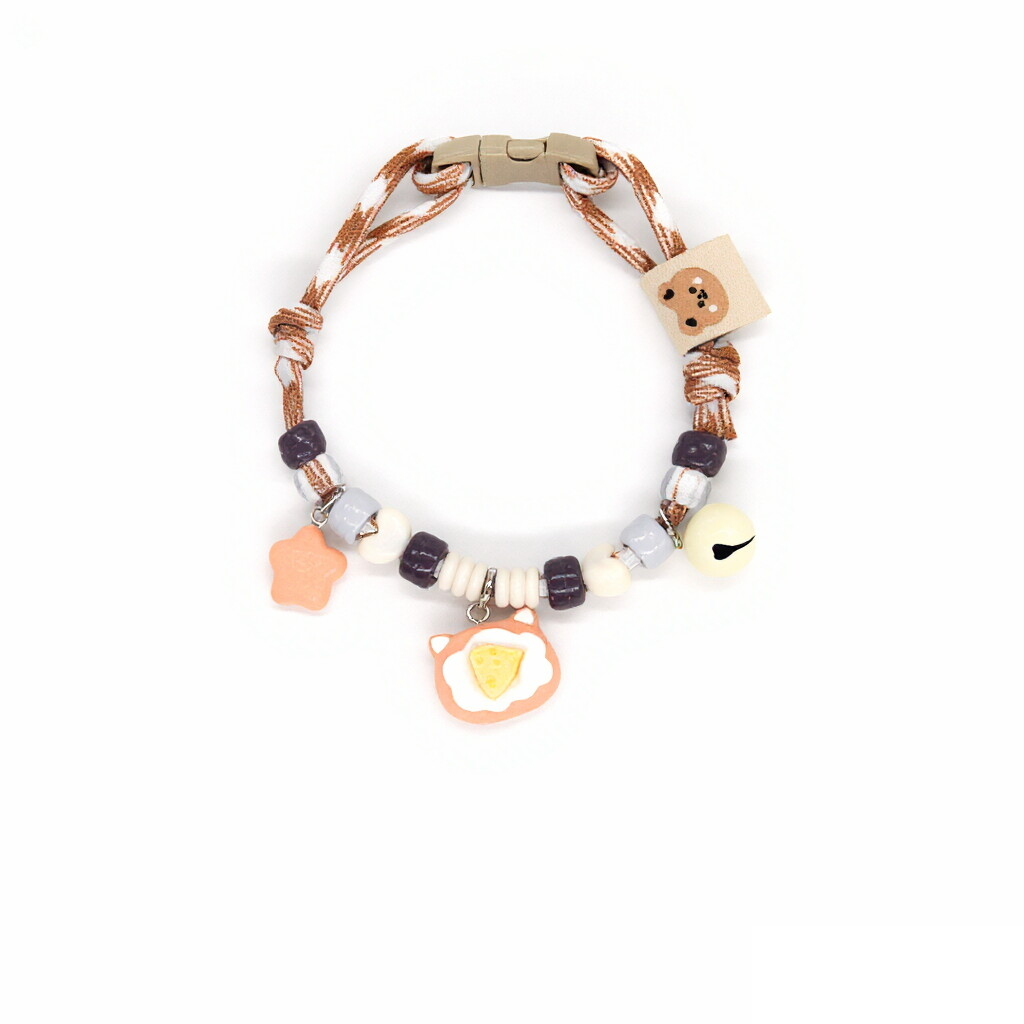 Adjustable Cat Collar – Brown-white rope with fried egg cat, paw tag & cream bell, boho pet collar
