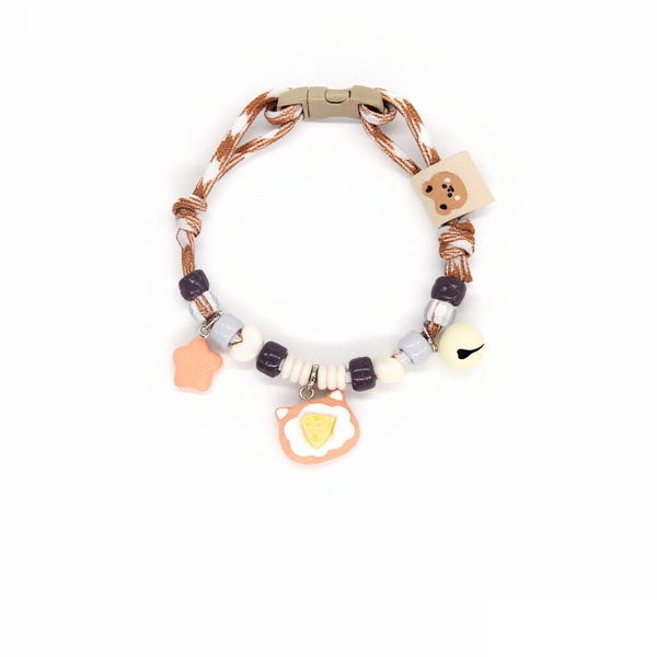 Adjustable Cat Collar – Brown-white rope with fried egg cat, paw tag & cream bell, boho pet collar