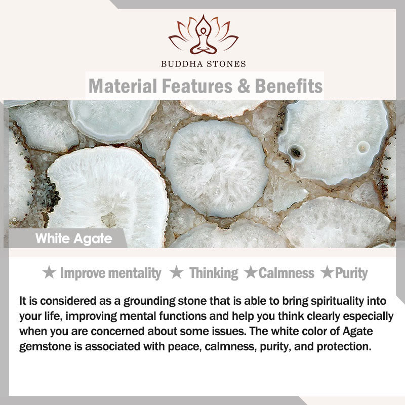 Red Agate Jade Lotus Bracelet – white agate stone cross-section detail, natural banding pattern, material info graphic