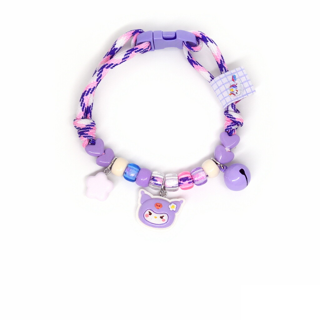Cute Pet Collar – Pink-purple rope with Kuromi-style face, star & lavender bell, kawaii collar