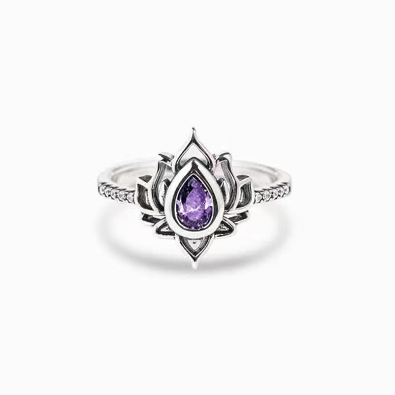 Sterling Silver Lotus Ring – Purple zircon center stone in lotus setting, purple zircon ring