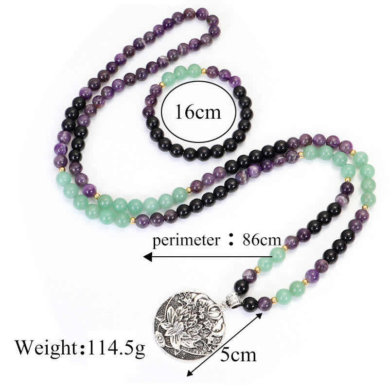 108 Mala Amethyst & Green Aventurine Lotus Mala Bracelet