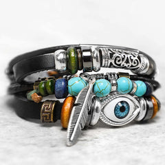 Tibetan Turquoise Evil Eye Bracelet – multi-layer leather turquoise wood beads with evil eye and feather charms