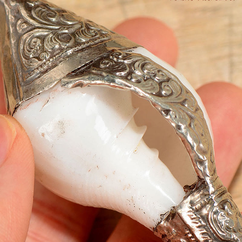Tibetan Shankha Conch Shell Decoration – Conch shell mouthpiece detail, silver repoussé lotus, turquoise coral inlay, Intricate