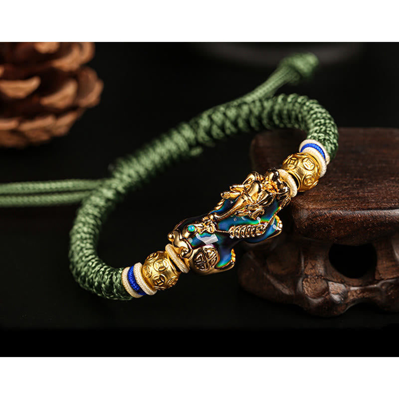Feng Shui PiXiu Bracelet – green rope Pixiu pine cone decor dark background, feng shui wealth accessory