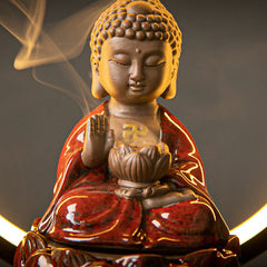 Buddha incense burner chest-up portrait with rising smoke and golden rim light, red crackle glaze robes, serene