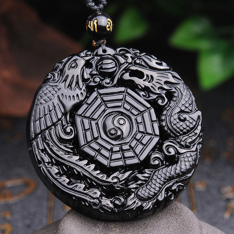 Bagua Dragon Phoenix Obsidian Pendant – Carved yin-yang trigrams with gold mantra bead, grounding