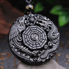 Bagua Dragon Phoenix Obsidian Pendant – Carved yin-yang trigrams with gold mantra bead, grounding