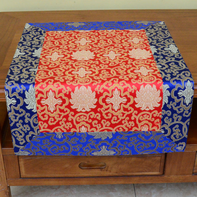 Dragon Vajra Altar Table Runner – Red center blue border lotus brocade, auspicious