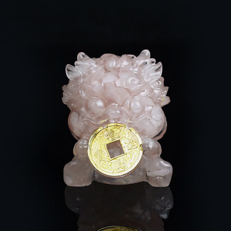 Handmade PiXiu Crystal – Rose quartz crystal front view on black, love wealth decor