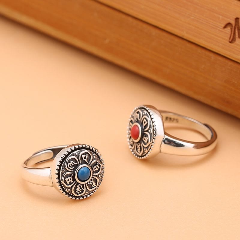 Tibetan Om Mani Padme Hum Ring – Red and blue pair band interior, copper ring