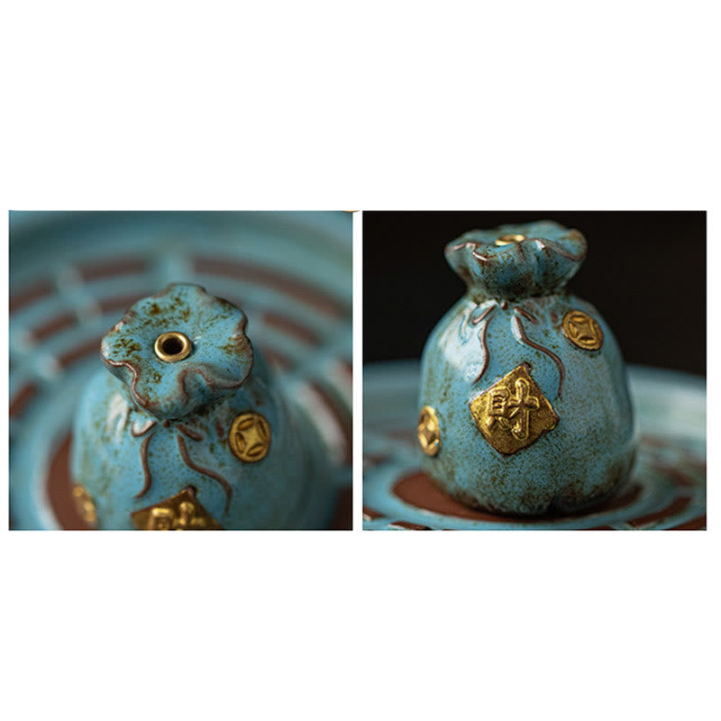 Turquoise Bagua Incense Burner – Crackle-glazed fortune bag on bagua base plate with gold medallions