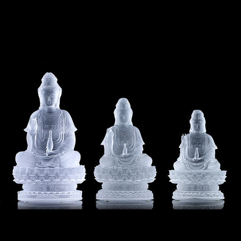 Kwan Yin Liuli Crystal Statue – Ornate headdress with miniature Buddha detail, devotional art