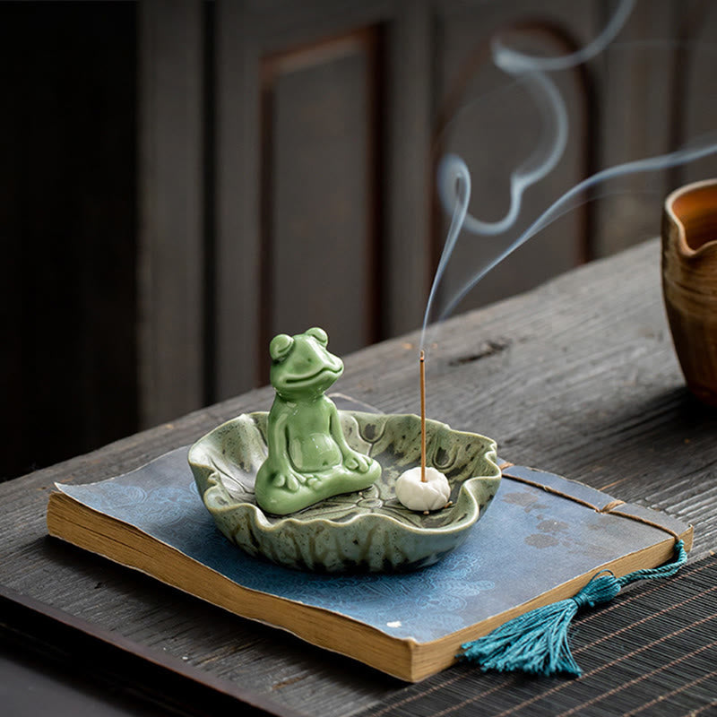 Ceramic Frog Incense Burner – On aged book with smoke rising, Quiet contemplation