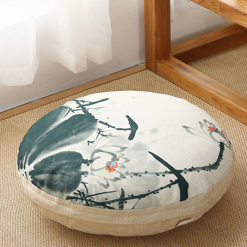 Lotus Linen Meditation Cushion – Forest green ink wash bamboo lotus art, zen decor