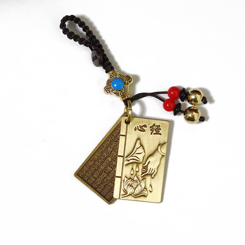 Feng Shui Yin Yang Bagua Keychain - Twin brass Heart Sutra pendants with turquoise, Buddhist keychain