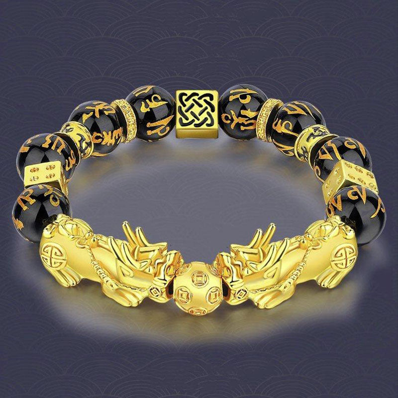 Double Pixiu Obsidian Bracelet – gold Pixiu and coin beads on dark wave-pattern background, men's wealth bracelet