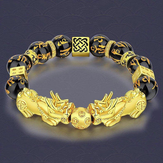 Double Pixiu Obsidian Bracelet – gold Pixiu and coin beads on dark wave-pattern background, men's wealth bracelet