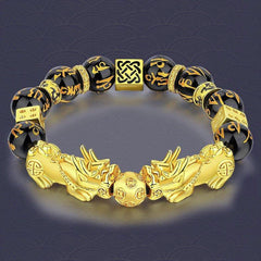 Double Pixiu Obsidian Bracelet – gold Pixiu and coin beads on dark wave-pattern background, men's wealth bracelet