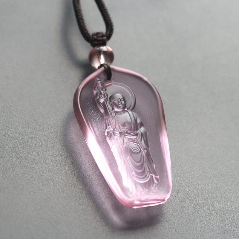 Ksitigarbha Buddha Liuli Crystal Necklace - Pink standing deity with staff, rounded amulet black cord