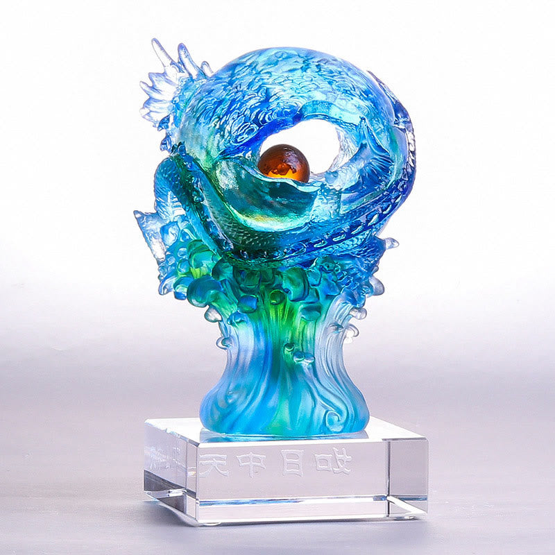 Azure Dragon Liuli Crystal – low-angle view of dragon on emerald wave base, feng shui art