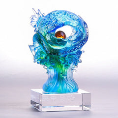 Azure Dragon Liuli Crystal – low-angle view of dragon on emerald wave base, feng shui art
