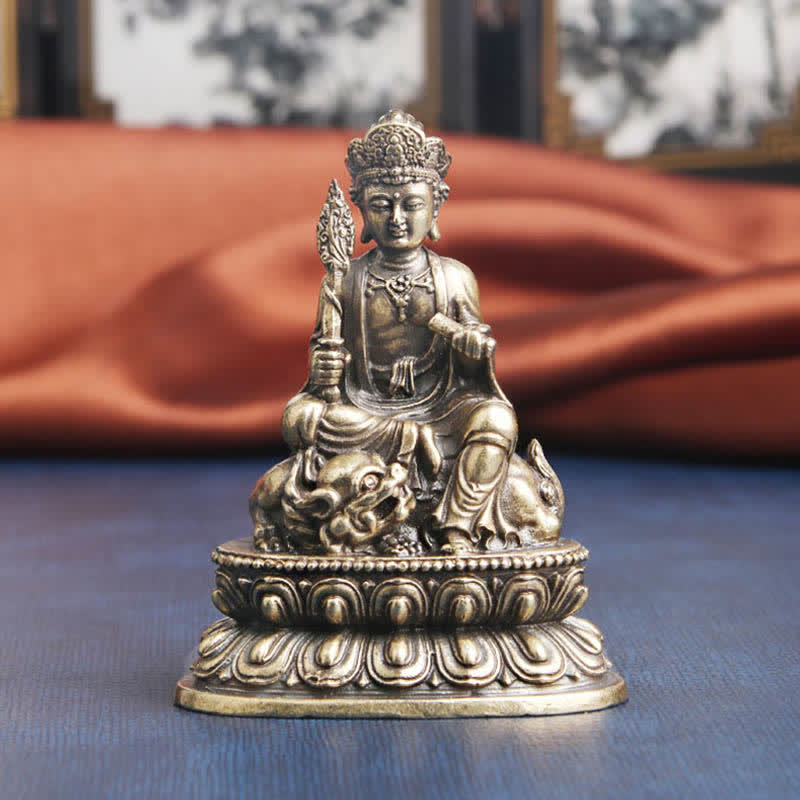 Manjusri Bodhisattva Copper Statue – Seated on lion mount in rich patina, meditation room decor