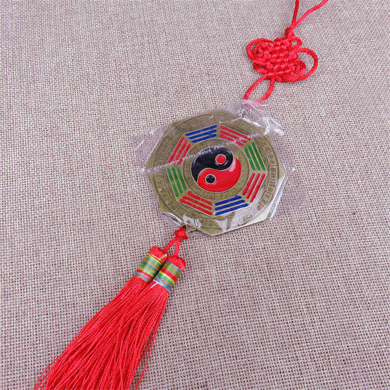 Feng Shui Bagua Map Mirror - Bagua mirror feng shui amulet with yin-yang symbol, red tassel and Chinese knot in clear packag.